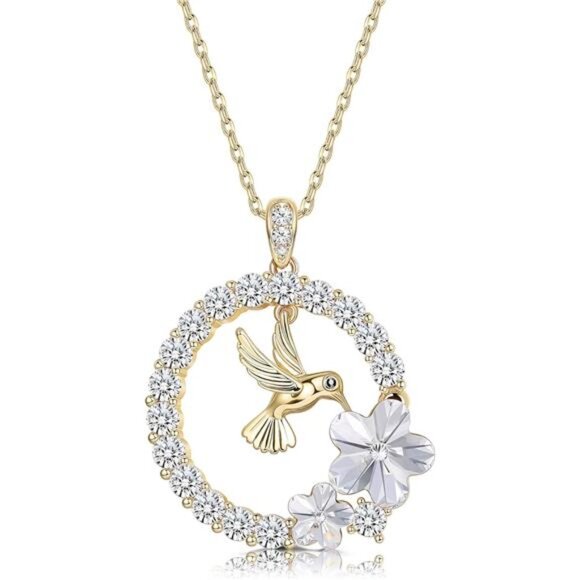 18K Gold Plated Hummingbird Pendant Necklace for Women Circle Necklace - Picture 1 of 7